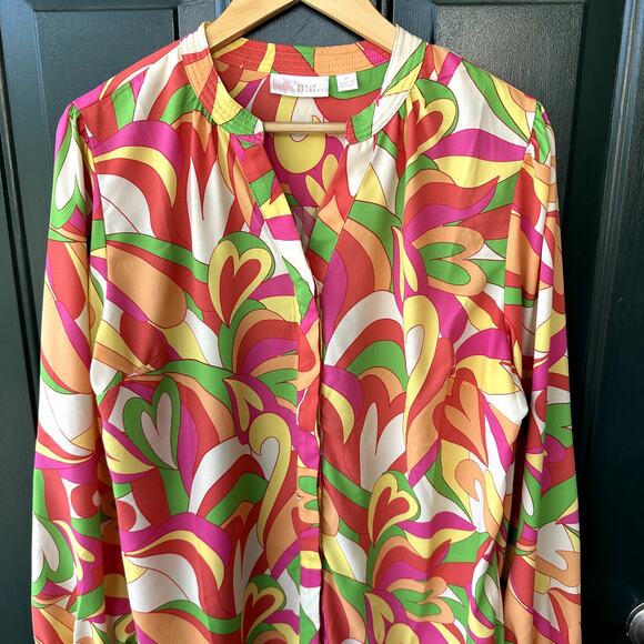 Belle by Kim Gravel Sz M Status Print Button Blouse Retro Preppy Office QVC - Picture 2 of 6
